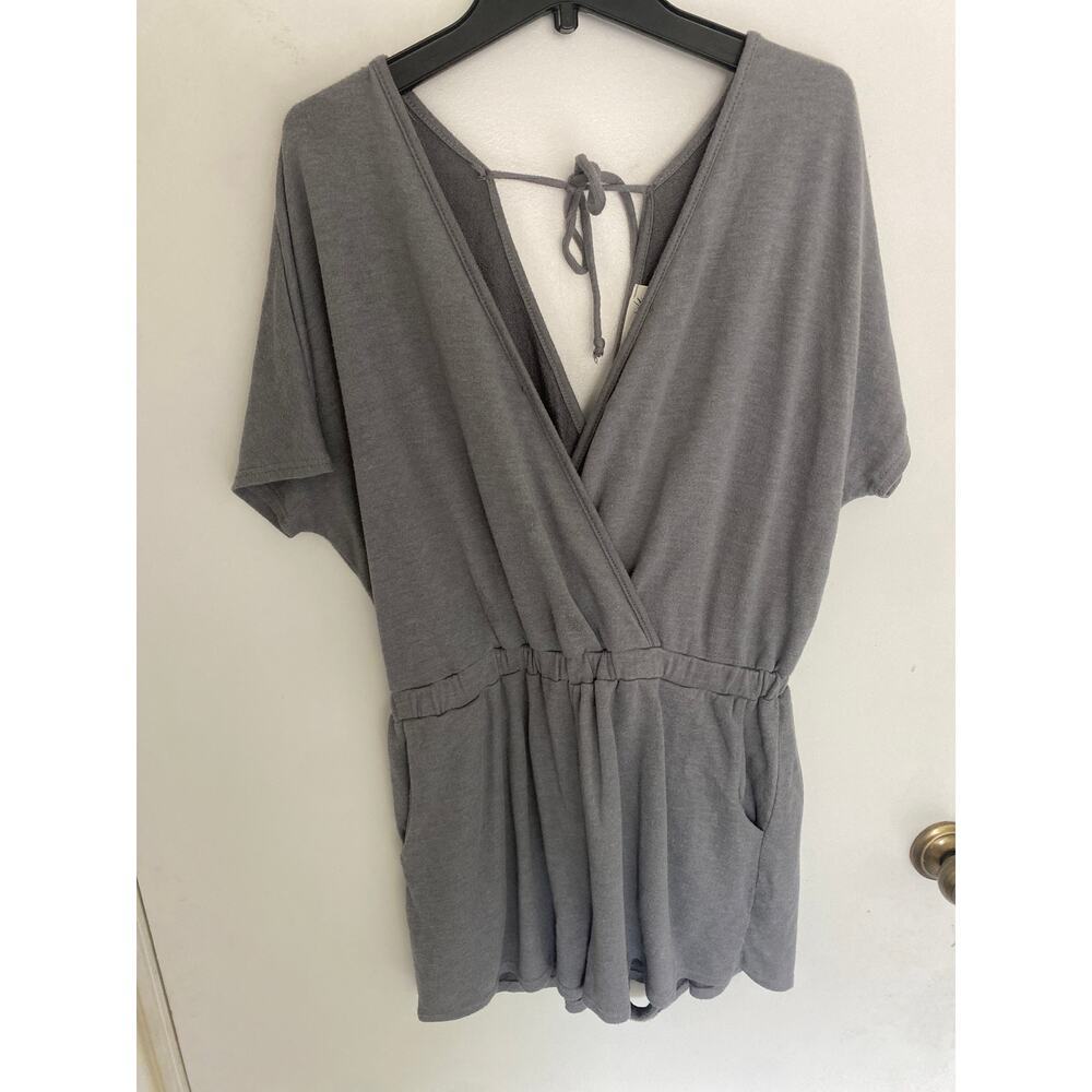 Lavender Fields Anthropologie soft gray faux wrap romper size M